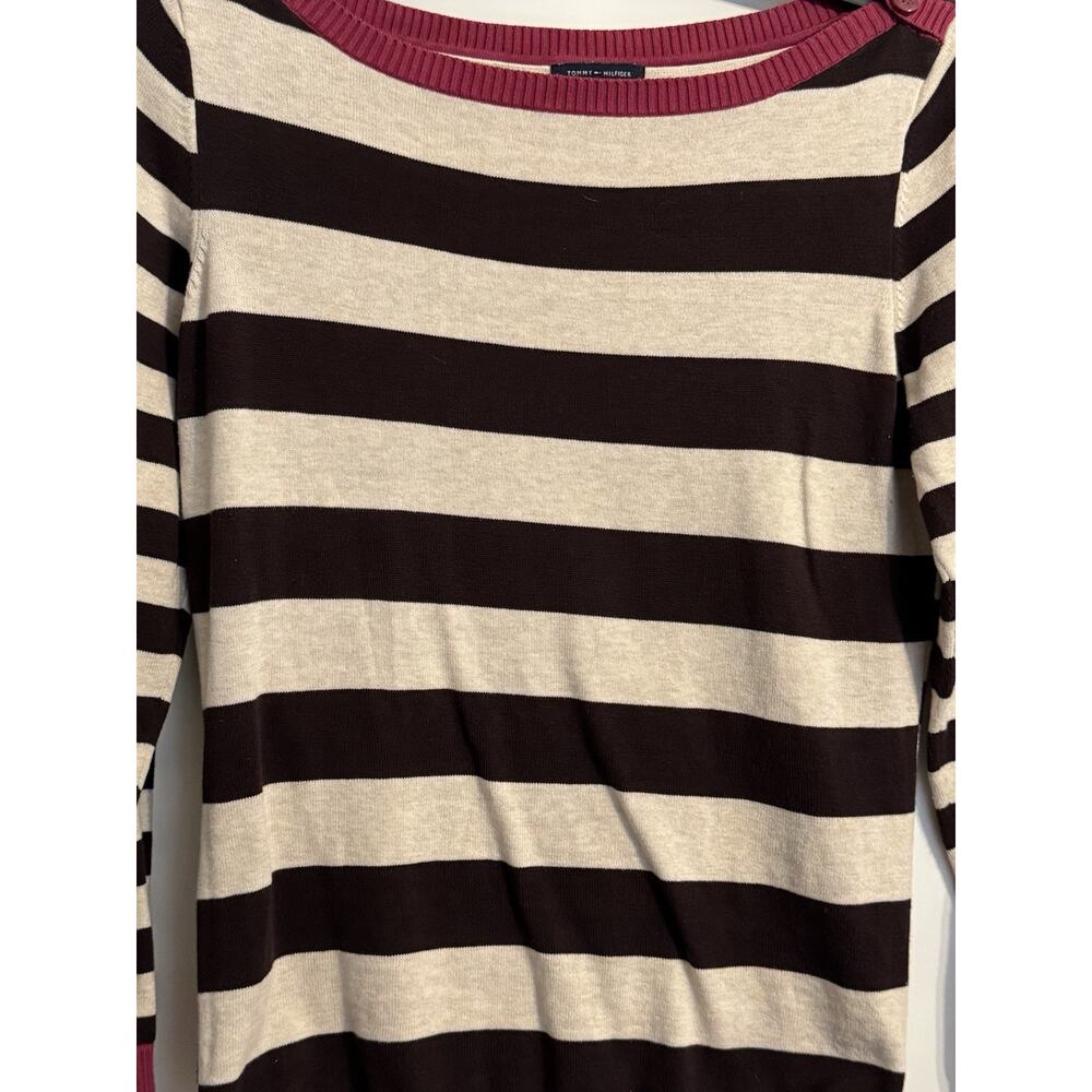 Tommy Hilfiger Women's Tan & Fuschia Striped Sweater Lightweight Knit Sz Large - Picture 2 of 8